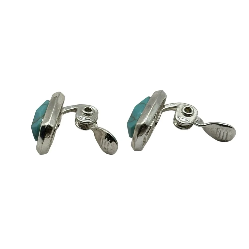 Faux Turquoise Clip On Earrings Silver‎ Tone Vintage TJG The Jewelry Group Open